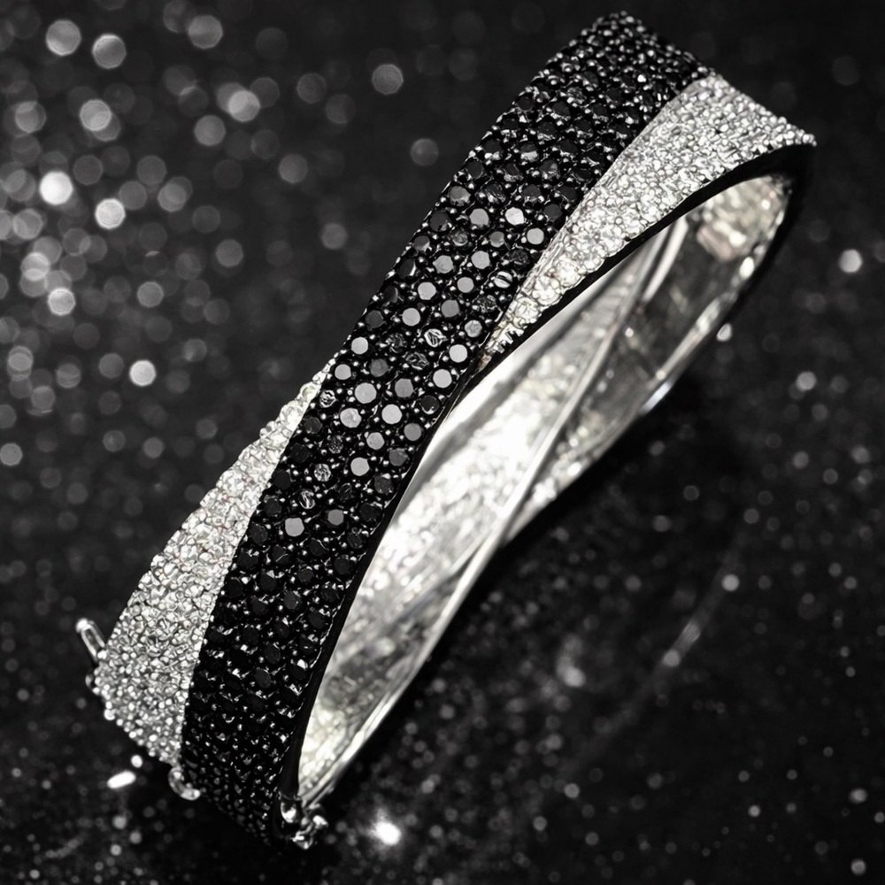 Diamonique Black White Pave Set CZ sterling silver bangle statement bracelet QVC